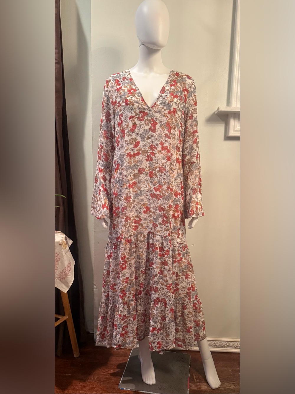 NATURAL LIFE Cream Maxi Dress with Red Floral Print